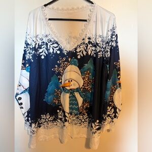 Cute Snowman Holiday V-Neck Top - Navy & White
